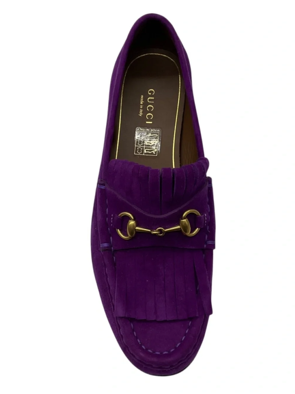 GUCCI PURPLE / ANTIQUED GOLD HORSEBIT DETAIL SUEDE LOAFERS / MOCCASIN FLATS